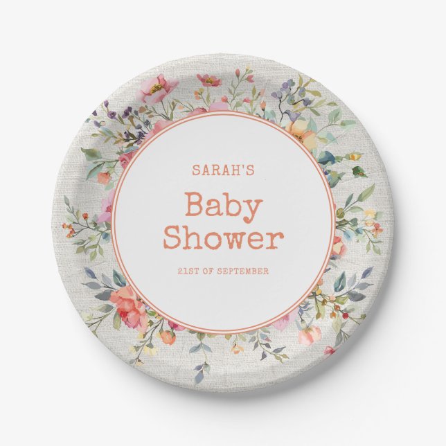 Floral Boho Rustic Chic Botanical Baby Shower Paper Plate (Front)