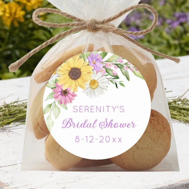 Floral Boho Sunflower Daisy Bridal Shower Classic Round Sticker (Creator Uploaded)