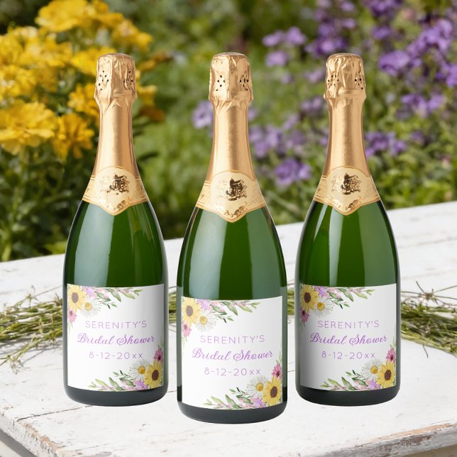 Floral Boho Sunflower Daisy Bridal Shower Sparkling Wine Label (Creator Uploaded)
