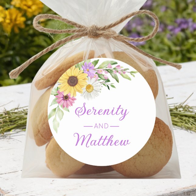 Floral Boho Sunflower Daisy Garden Wedding Classic Round Sticker (Creator Uploaded)