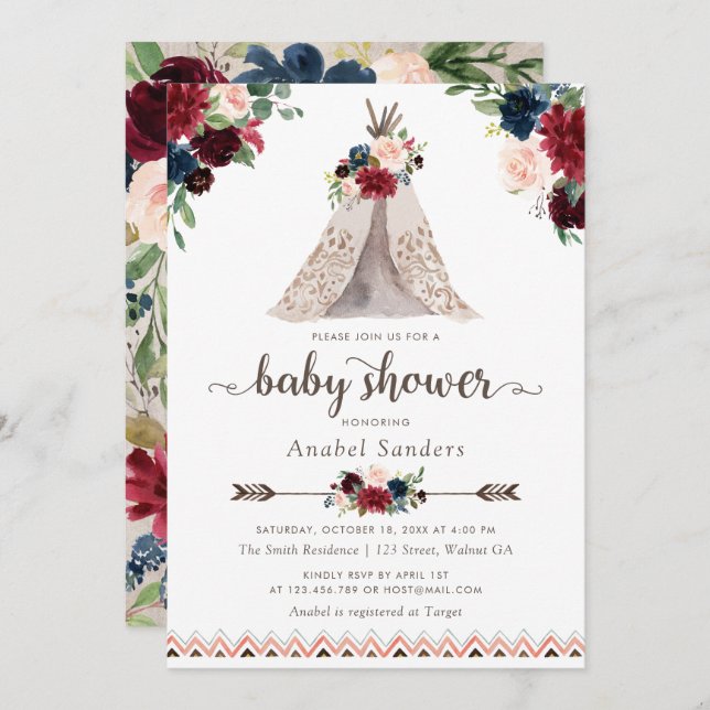 Floral Boho Teepee Navy Arrows Tribal Baby Shower Invitation (Front/Back)