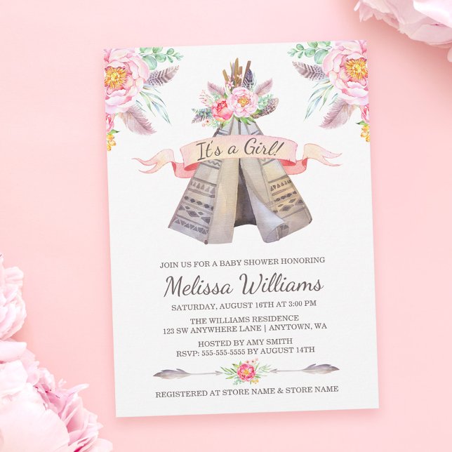 Floral Boho Tribal Teepee Girl Baby Shower Invitation (Creator Uploaded)