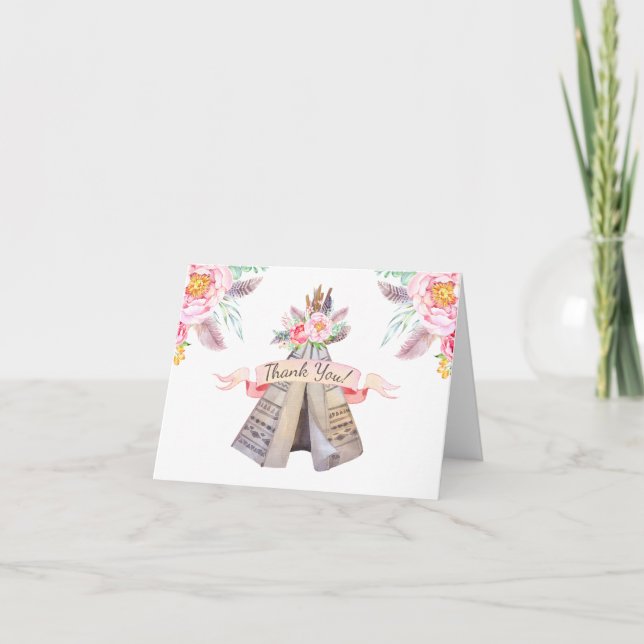 Floral Boho Tribal Teepee Thank You Card (Front)