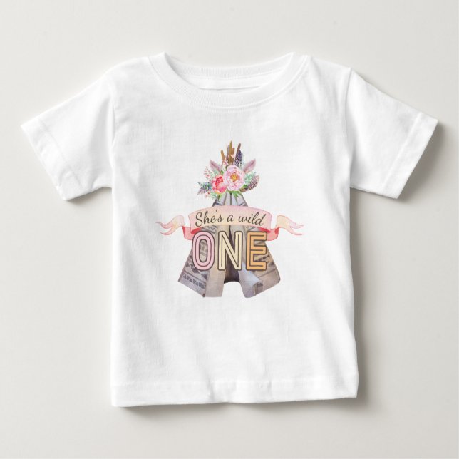 Floral Boho Tribal Teepee Wild One 1st Birthday Baby T-Shirt (Front)
