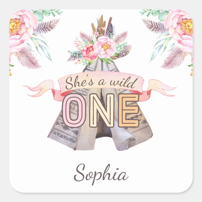 Floral Boho Tribal Teepee Wild One 1st Birthday Square Sticker (Front)