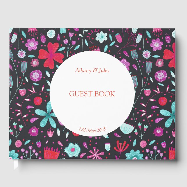 Floral Boho Watercolor Dark Guest Book (Front)