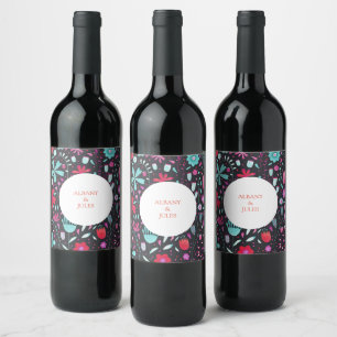 Floral Boho Watercolor Dark Wedding Wine Label