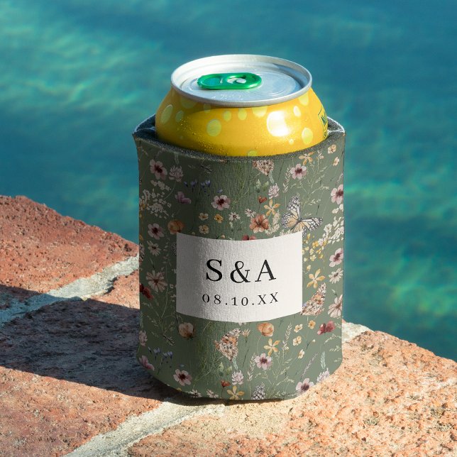 Floral Boho Wedding Can Cooler (Sage Green Floral Boho Wedding Can Cooler with Butterflies by Painted Paperie
)