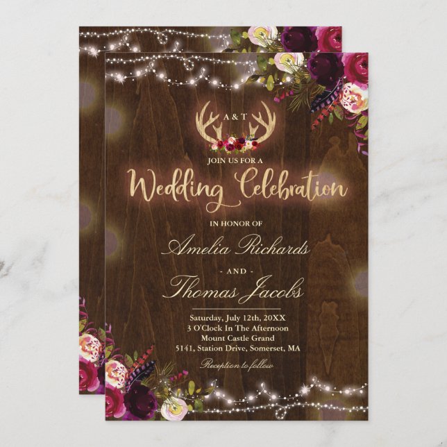 Floral Boho Wedding Invitation Rustic Antler (Front/Back)