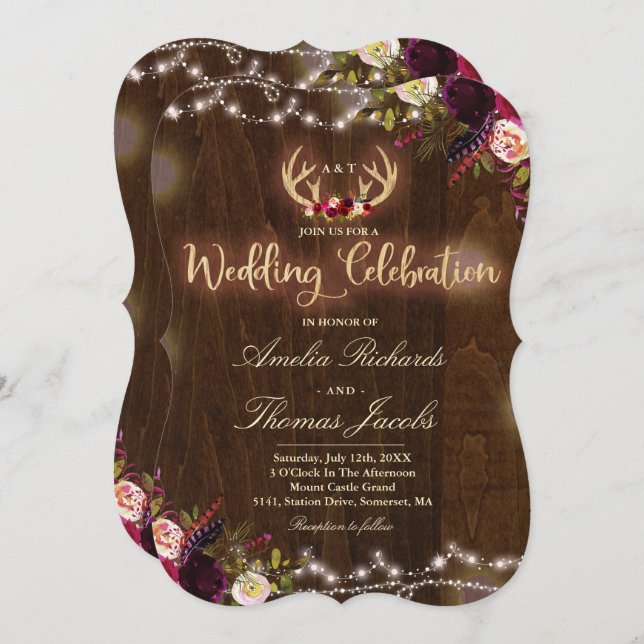 Floral Boho Wedding Invitation Rustic Antler (Front/Back)