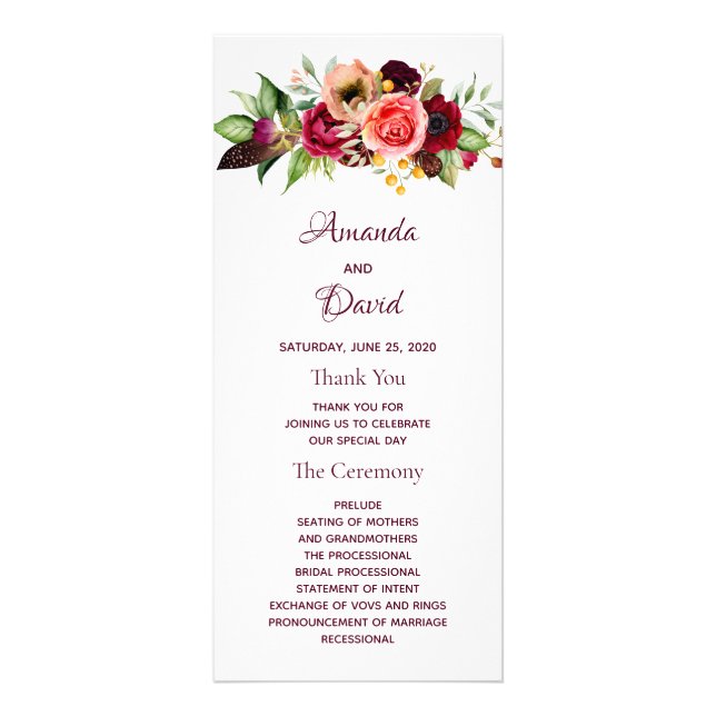 Floral boho wedding program rack card (Front)