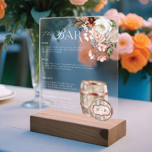 Floral Boho Western Country Wedding Drink Bar Menu Acrylic Sign