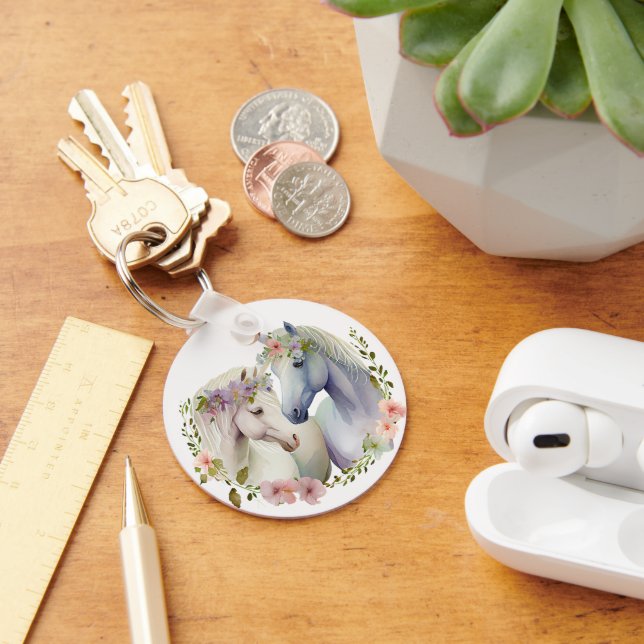 Floral Boho White Horses Key Ring (Desk)