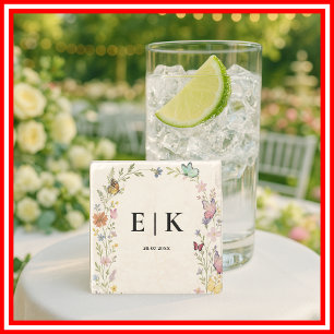 Floral Boho Wildflower Butterfly Monogram Wedding Stone Coaster