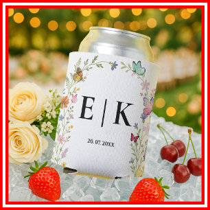 Floral Boho Wildflowers Butterfly Wedding Can Cooler