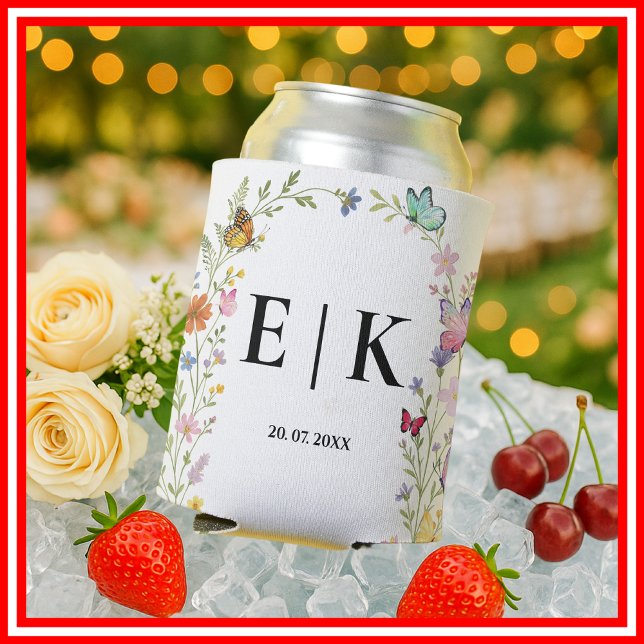 Floral Boho Wildflowers Butterfly Wedding Can Cooler (Creator Uploaded)