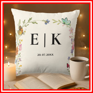 Floral Boho Wildflowers Monogram Butterfly Cushion