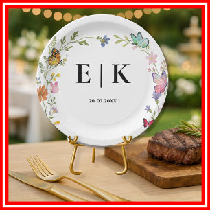 Floral Boho Wildflowers Monogram Butterfly Wedding Paper Plate