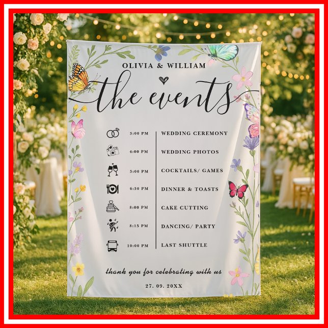 Floral Boho Wildflowers Order of Events Wedding Tapestry (Creator Uploaded)