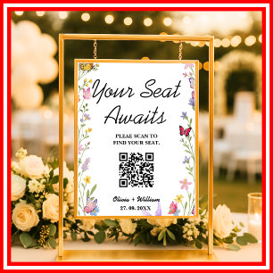 Floral Boho Wildflowers Wedding Seating Chart QR 