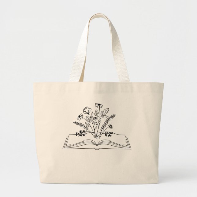 Floral Book Boho Line Art Large Tote Bag (Front)