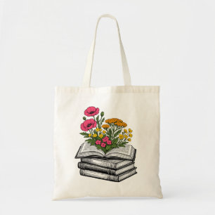 Floral Book Stack Aesthetic Wildflower Reader Tote Bag