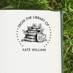 Floral book stack & Coffee From the library of Self-inking Stamp