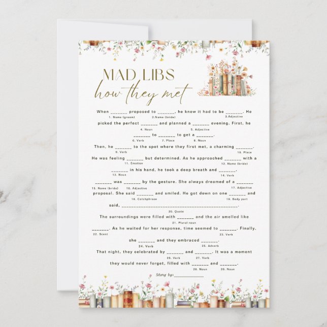 Floral Book Theme Mad Libs Bridal Shower Game (Front)
