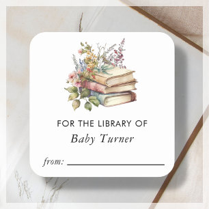 Floral Books   Baby Shower Bookplate Sticker