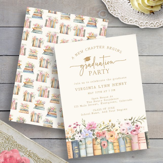 Floral Books Graduation Party Invitation (Watercolor Floral Books Graduation Party Invitation by Painted Paperie
)