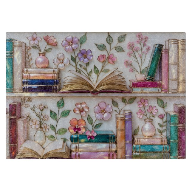 Floral Bookshelf Glass Cutting Board (Front)