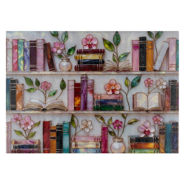 Floral Bookshelf Glass Cutting Board Kitchen Decor (Front)