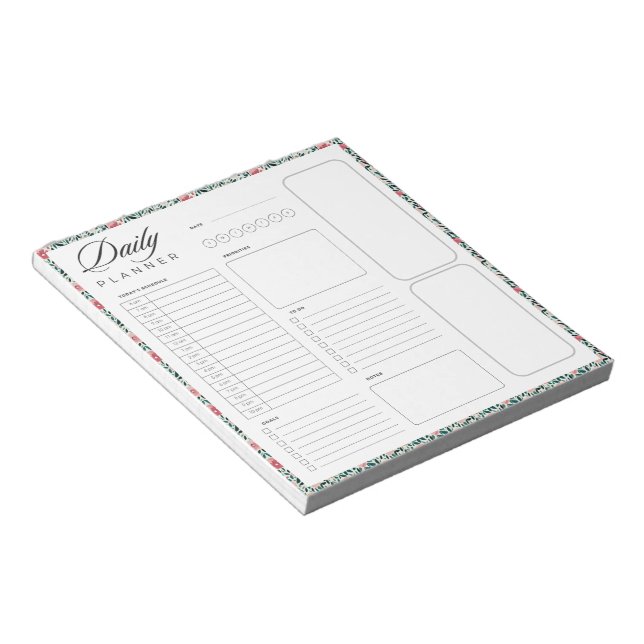 Floral border blank universal daily planner sheet notepad (Angled)