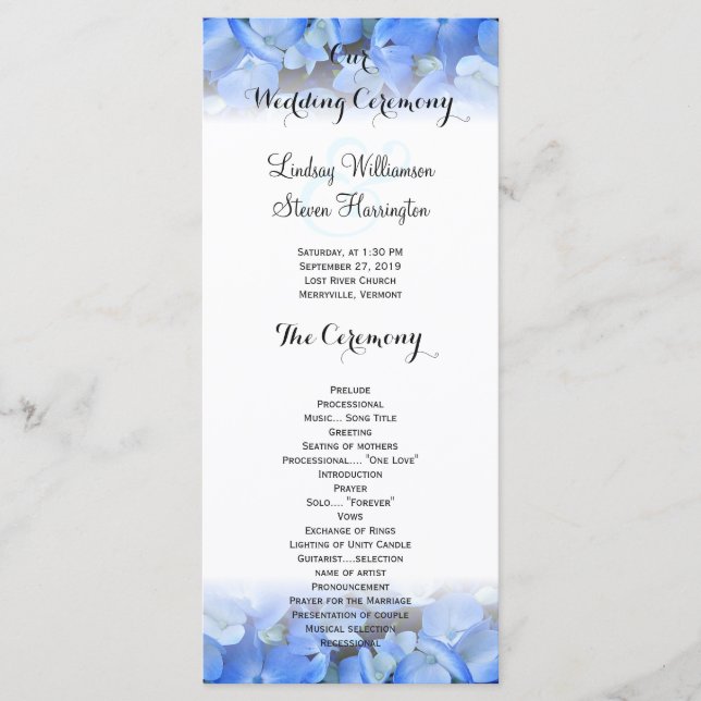 Floral Border Blue Hydrangea Wedding Tall Program Programme (Front)
