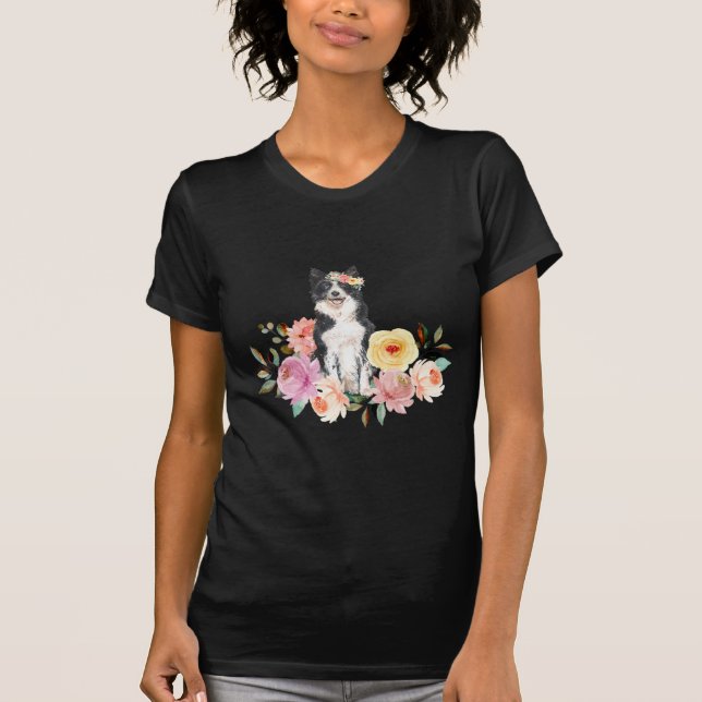 Floral Border Collie  T-Shirt (Front)