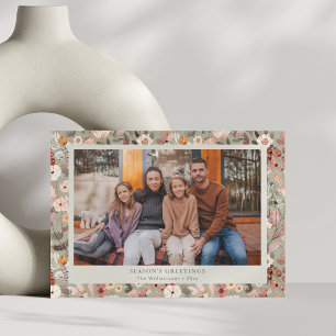 Floral Border Cozy Neutral Family Christmas Custom Holiday Card