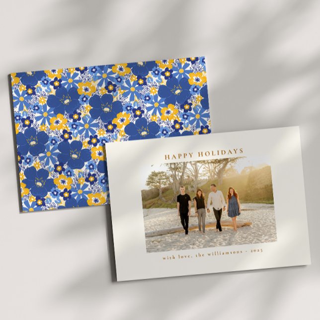 Floral Border Family Photo Blue Yellow Custom Holiday Card (Creator Uploaded)