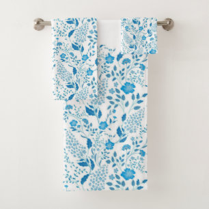 Floral Border Flowers and Foliage White Background Bath Towel Set