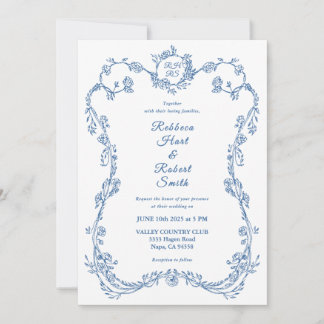 Floral Border French Toile Blue Invitation 03