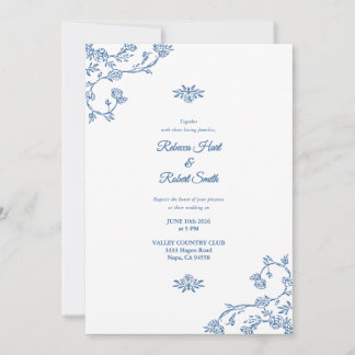 Floral Border French Toile Blue Invitation 04