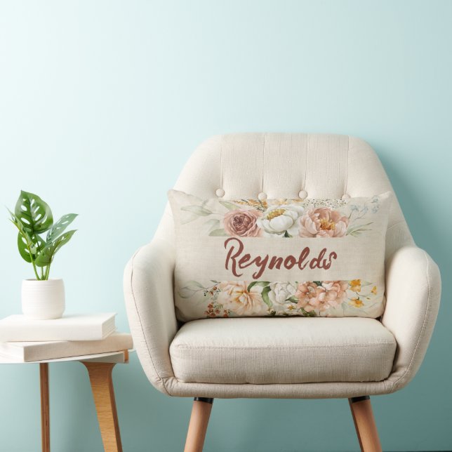 Floral Border with Last Name Lumbar Cushion (Chair)