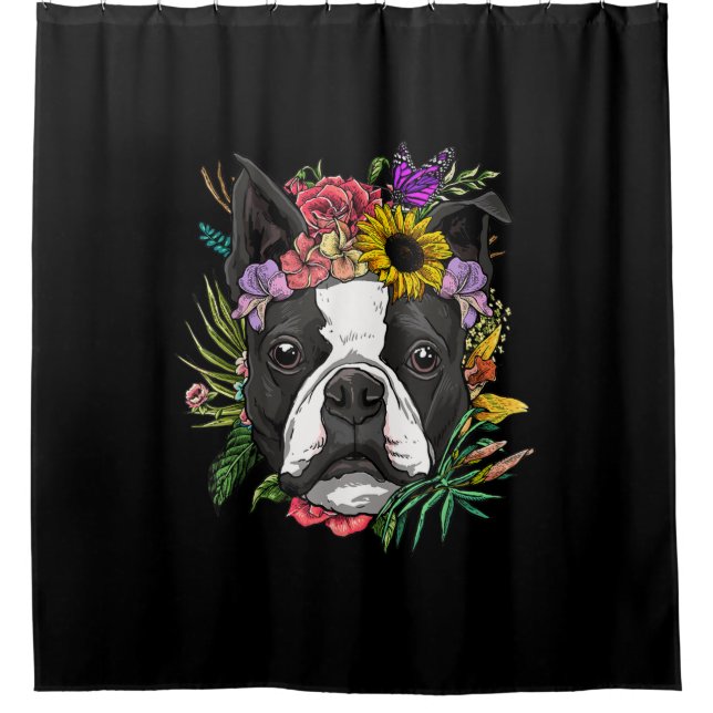 Floral Boston Terrier Dog Spring Nature Dog Lovers Shower Curtain (Front)