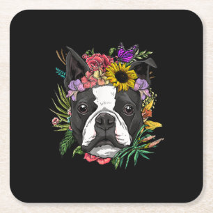 Floral Boston Terrier Dog Spring Nature Dog Lovers Square Paper Coaster