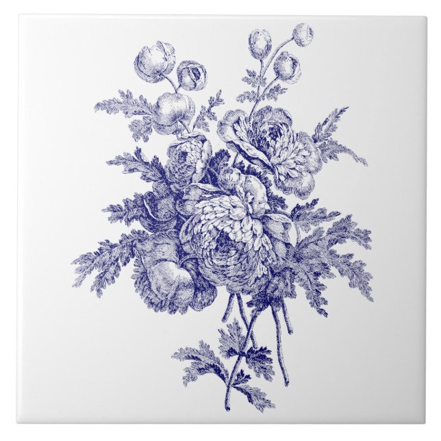 Floral Botanical Art Blue & White Tile (Front)