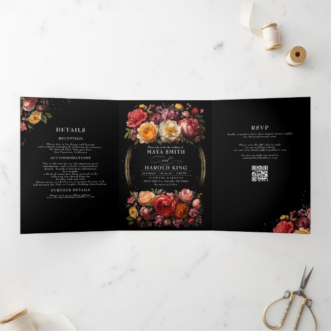 Floral Botanical Black Moody Luxury Wedding Tri-Fold Invitation (Inside)