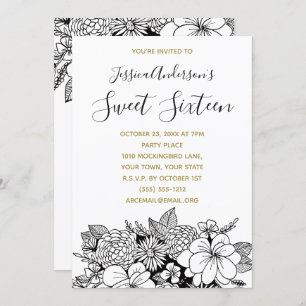 Floral Botanical Black White Gold Sweet 16 Invitation