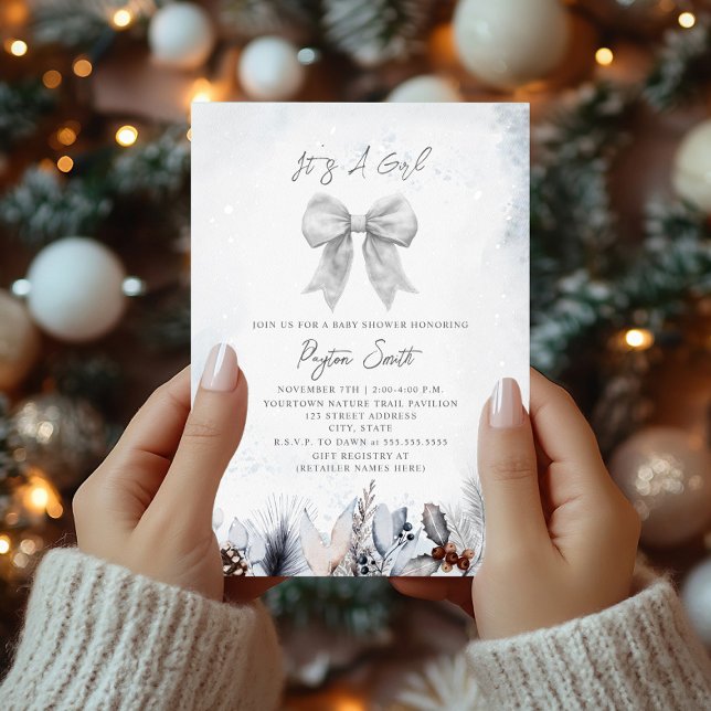 Floral Botanical Bow Winter Snow Girl Baby Shower Invitation (Creator Uploaded)