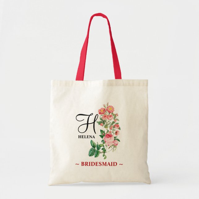 Floral Botanical Customized Monogram Bridesmaid Tote Bag (Front)