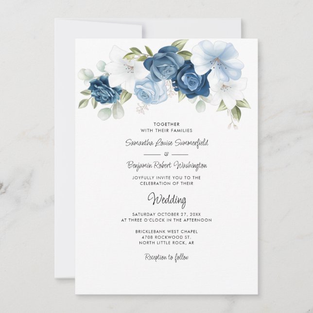 Floral Botanical Dusty Blue Modern Fall Wedding Invitation (Front)