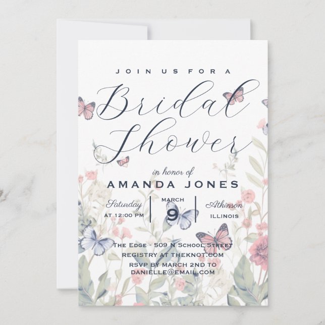Floral Botanical Elegant Boho Butterfly Bridal Invitation (Front)